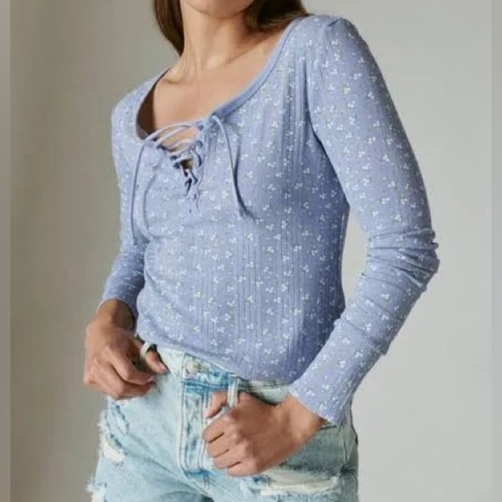 Small Lucky Brand Long Sleeve Blue Lace Up Top